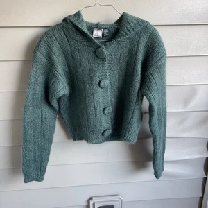 Vintage Paul Et Duffier Button Up Hooded Sweater S Mohair Cropped Boxy Fuzzy Y2K - Picture 1 of 8