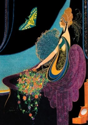 MADAME TREACLE Girl & Butterfly - Art Blank Greeting / Birthday Card - Vintage Lady Fan Glitter