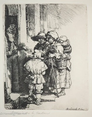 Grabado Rembrandt vintage "Mendigos recibiendo limosna en la puerta de una casa" Foto 1 de 4