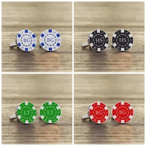 Gemelos de fichas de póker personalizados con acabado plateado - iniciales - regalo para hombre en estuche - Imagen 1 de 6