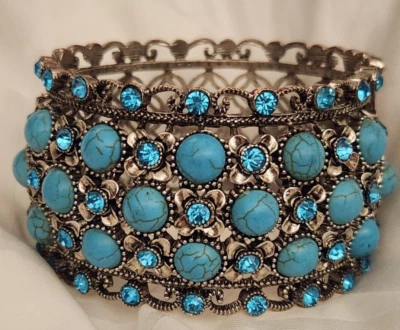 Silver Tone Howlite and Turquoise Rhinestone Hinged Cuff Bracelet - Image 1 of 4