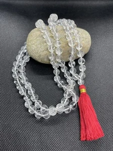 CRYSTAL SPATIK 8MM BEADS QUARTZ NECKLACE 108 + 1 SPHATIK JAPA MALA ROSARY BOHO - Picture 1 of 10