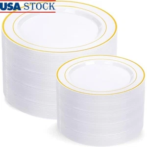 200 Pcs Gold Plastic Plates Set Disposable Dinner Dessert Plates Party Durable - Picture 1 of 9