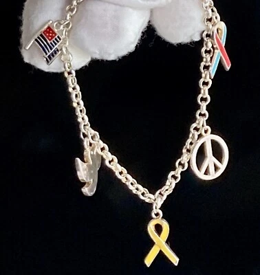 Sterling Silver Charm Rolo Link Bracelet 7.50in 925 Dove Peace American Flag++ - Image 1 of 4