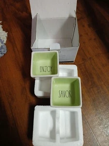 Rae Dunn Savor and Enjoy Square Ceramic Bowl Set Green New WithBox - Picture 1 of 6