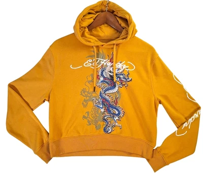 Sudadera con Capucha Ed Hardy Para Mujer Mediana Amarillo Mostaza Gráfico Dragón Pullover Recortado Foto 1 de 4