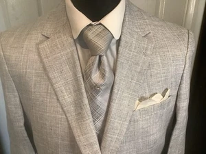 Men’s Two Piece Suit Light Grey Check By M&S 44 Long Slim Pure Linen Summer - Picture 1 of 22