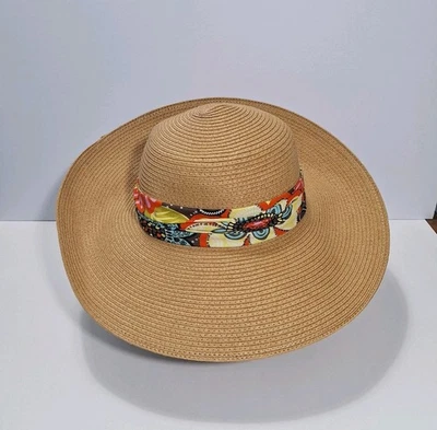 全新带标签 Vera Bradley Flower Power 草帽 Beach UPF 50+ 棕褐色 宽边软呢 — 第 1/4 张图片