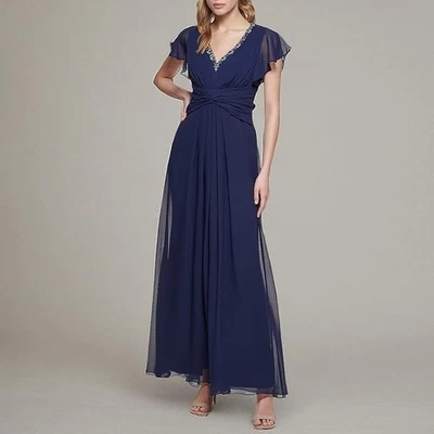 Vestido para mujer Eliza J cintura torcida gasa manga acampanada vestido con cuentas azul marino 12 Foto 1 de 4