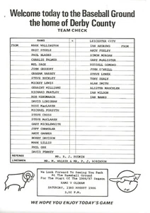 DERBY COUNTY V LEICESTER CITY ~ AMIGABLE ~ 18 DE AGOSTO DE 1986 ~ HOJA DE EQUIPO ORIGINAL - Imagen 1 de 1