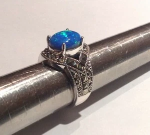 Chunky cabochon Blue Fire Opal Marcasite Statement Ring Sterling Silver R ½ 9 - Picture 1 of 4