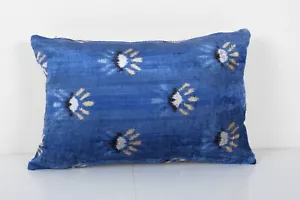 Christmas Gift Pillow, Blue Design Silk Ikat Velvet Pillowcase, Bohemian Cushion - Picture 1 of 4