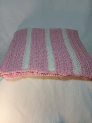 Knitted Afghan Pink White Baby Wrap Crib Blanket 16 x 31 Bed Throw - Image 1 of 4