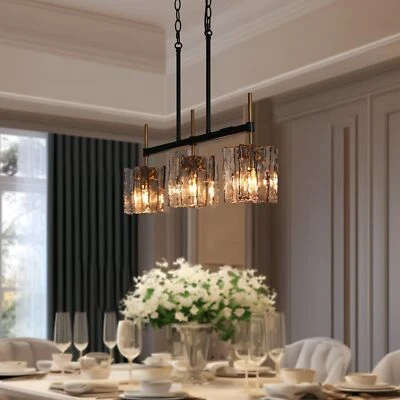LNC Echonalyri Modern Island 3-Light Matte Black Brass Chandelier Glass Shades - Image 1 of 4