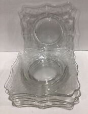 6 Vintage Square Clear Etched Floral Crystal Glass Luncheon Dessert Plates