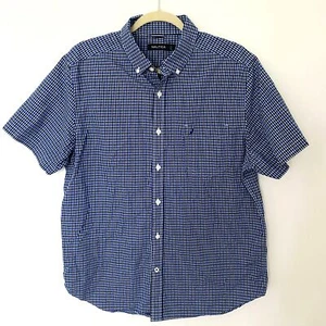 Nautica Blue Checkered Short Sleeve Cotton Button Down Plaid Shirt Sz L - Picture 1 of 8