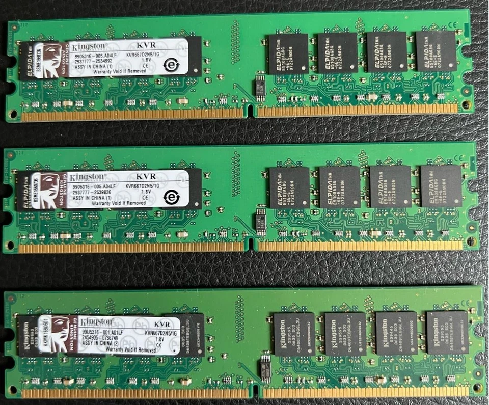 3x DDR2 Kingston je 1GB RAM KVR667D2N5/1G PC2-5300 667 MHz 240p Arbeitsspeicher - Bild 1 von 1
