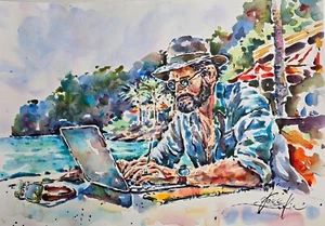 "Original Aquarellgemälde Spanien Ibiza Landschaftskunst Meereslandschaft Kunst 11,7""x16,5"" - Bild 1 von 3