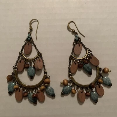 "Pendientes araña bohemia madera turquesa festival latón 3""" Foto 1 de 4