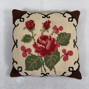 Wool Needlepoint Accent Toss Pillow Pink Green Floral Brown Velvet Back 16” Vtg - Picture 1 of 5