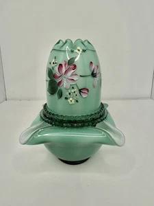 Vintage Fenton Glass Cased Jade 3 Pc Fairy Lamp Hand Painted Flowers W/label - Picture 1 of 11