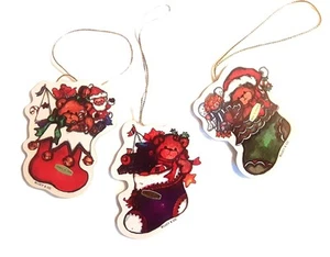 LUCY & CO. Set of 3 Small Flat Wood Ornaments-Teddy Bears in Christmas Stocking - Picture 1 of 1