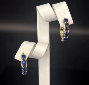 Beautiful 14K Solid Yellow Gold & Lapis Lazuli Hoop Earrings  3.3 grams - Picture 1 of 8