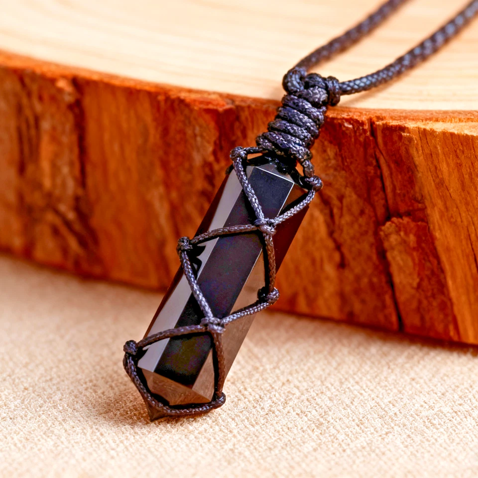 Collar amuleto de protección curativa colgante envuelto en punta de obsidiana negra regalo Foto 1 de 1