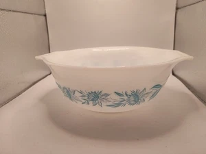Vintage GlasBake J-2356 Mixing Bowl w/ Aqua Flowers USA Blue Thistle - Picture 1 of 4