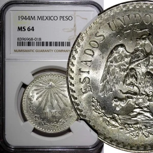 Mexico ESTADOS UNIDOS MEXICANOS Silver 1944 M 1 Peso NGC MS64 GEM BU KM# 455 (8) - Picture 1 of 5