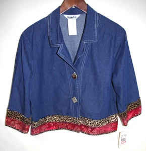 AA1 NWT $79 Vintage Piccalino Petite 10P Blue Denim Blazer Jacket Colored Trim - Picture 1 of 7
