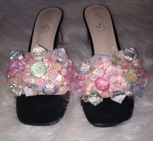 Rouge Women Sandal Shoes Black Size 8 Clear Pink Crystal Beads Medium Heel 2.5 - Picture 1 of 20