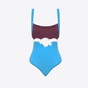 Valentino Blue Lace Trim Color Blocked Bodysuit Size M - Picture 1 of 12