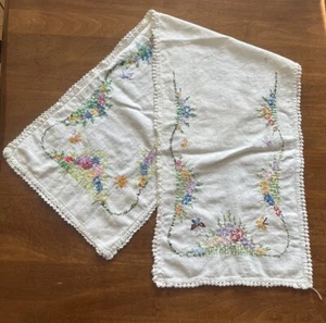 Vtg Hand Embroidered Table Runner Dresser Scarf Flowers Garden Floral 38x11 - Picture 1 of 10