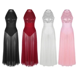 Damen ärmelloses Tanzkleid Neckholder Ballettkleid Pailletten Top mit Rock Lang - Bild 1 von 42