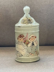 Vintage hellblau Decoupaged Glas Dose Raggedy Ann und Andy 60er Jahre - Bild 1 von 8