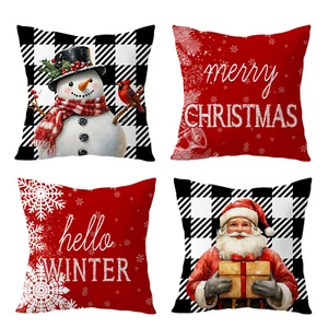 4pcs Santa on Black and White Plaid Pillow Case Cushion Cover Sofa Home Decor - Picture 1 of 6