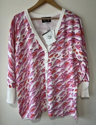 Bob Mackie Sweater XL Pink Knit Button Down 3/4 Sleeve Cardigan Artsy Preppy NWT - Image 1 of 4