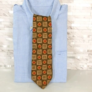 ENRICO COVERI Mens Olive Green Geometric Square Neck Tie Silk Suit Repeat  - Picture 1 of 10