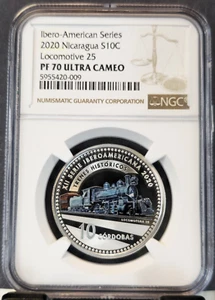 2020 NICARAGUA SILVER 10 CORDOBAS S10C LOCOMOTIVE 25 NGC PF 70 ULTRA CAMEO RARE - Picture 1 of 3