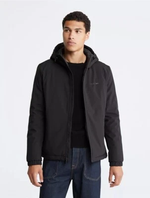 $198 Calvin Klein Hooded Stretch Lined Jacket Black Warm Pockets Size Small NWT - Image 1 of 4