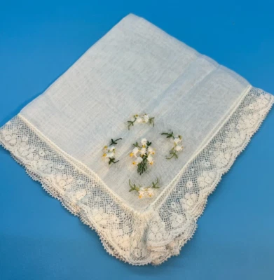 Vtg White Linen Lace Embroidered Square Handkerchief Circa 1940's Collectors - Image 1 of 4