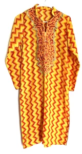 Embroidered Ethnic Orange Yellow Zig Zag Print Boho Indian Tunic Dress - Picture 1 of 9