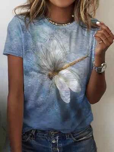 "CLEARANCE" Dragonfly Print Crew Neck T-Shirt, Casual Short Sleeve T-Shirt - Picture 1 of 5