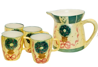 Laurie Gates NAVIDAD Corona Topiaria Jarra 4 Tazas Cerámica Pintada a Mano De Colección '97 Foto 1 de 4