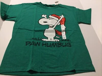 Camiseta Peanuts Snoopy Verde Manga Corta Navidad Vacaciones "Paw Humbug" Niños M Foto 1 de 3