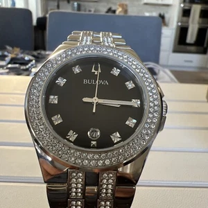 Bulova Herren Kristall Silber Edelstahl 42mm schwarzes Zifferblatt Uhr 96K102 - Bild 1 von 9