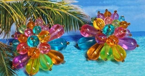 Orecchini Vintage Colorati Frutta Grappolo Acrilico Perline Clip On - Foto 1 di 6