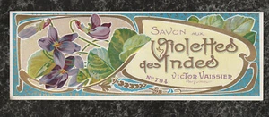 Portasapone francese 1900 etichetta Victor Vaissier Savon Violettes des Indes 8 x 2,75 - Foto 1 di 4