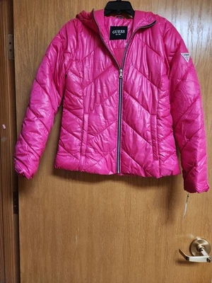 GUESS логотип молнии ярко розовый толстовка с капюшоном пуховик куртка. Новый с Ярлыками. Med. - Изображение 1 из 4